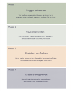 Phase 1 — Trigger erkennen Du lernst, was deinen Körper aktiviert — und warum. Nicht um dich zu analysieren, sondern um den Mechanismus zu kennen der dich steuert. Phase 2 — Pause herstellen Den Raum zwischen Reiz und Reaktion öffnen. Einen Moment, der vorher nicht da war. Das reicht. Phase 3 — Reaktion verändern Nicht mehr automatisch handeln — sondern in diesem Moment bewusst wählen, wie du reagierst. Phase 4 — Stabilität integrieren Das neue Muster im Alltag verankern — sodass es trägt, nicht nur in ruhigen Momenten.